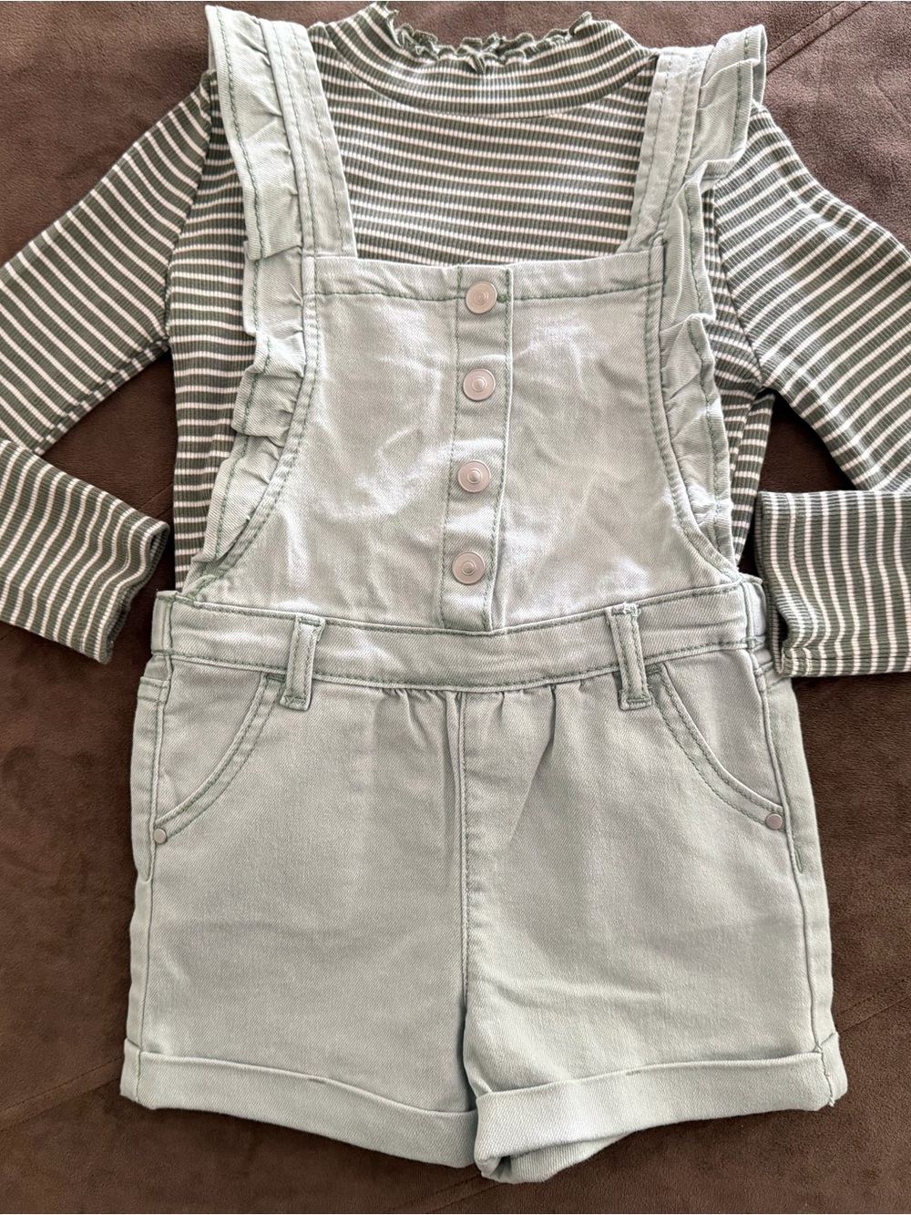 wonder nation light Green Shortie Overalls with Front Buttons & green/ white top